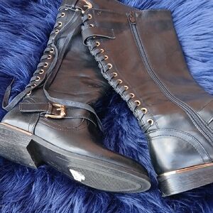 Wanted Black Lace-Up Knee-High Boots with Gold Hardware